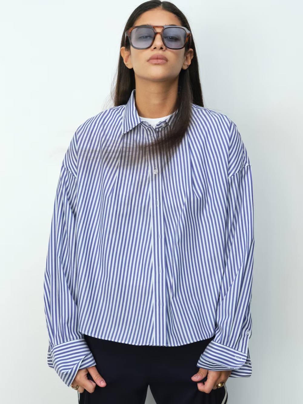 H&M x Divided blue white striped boxy cropped silhouette long sleeve shirt
